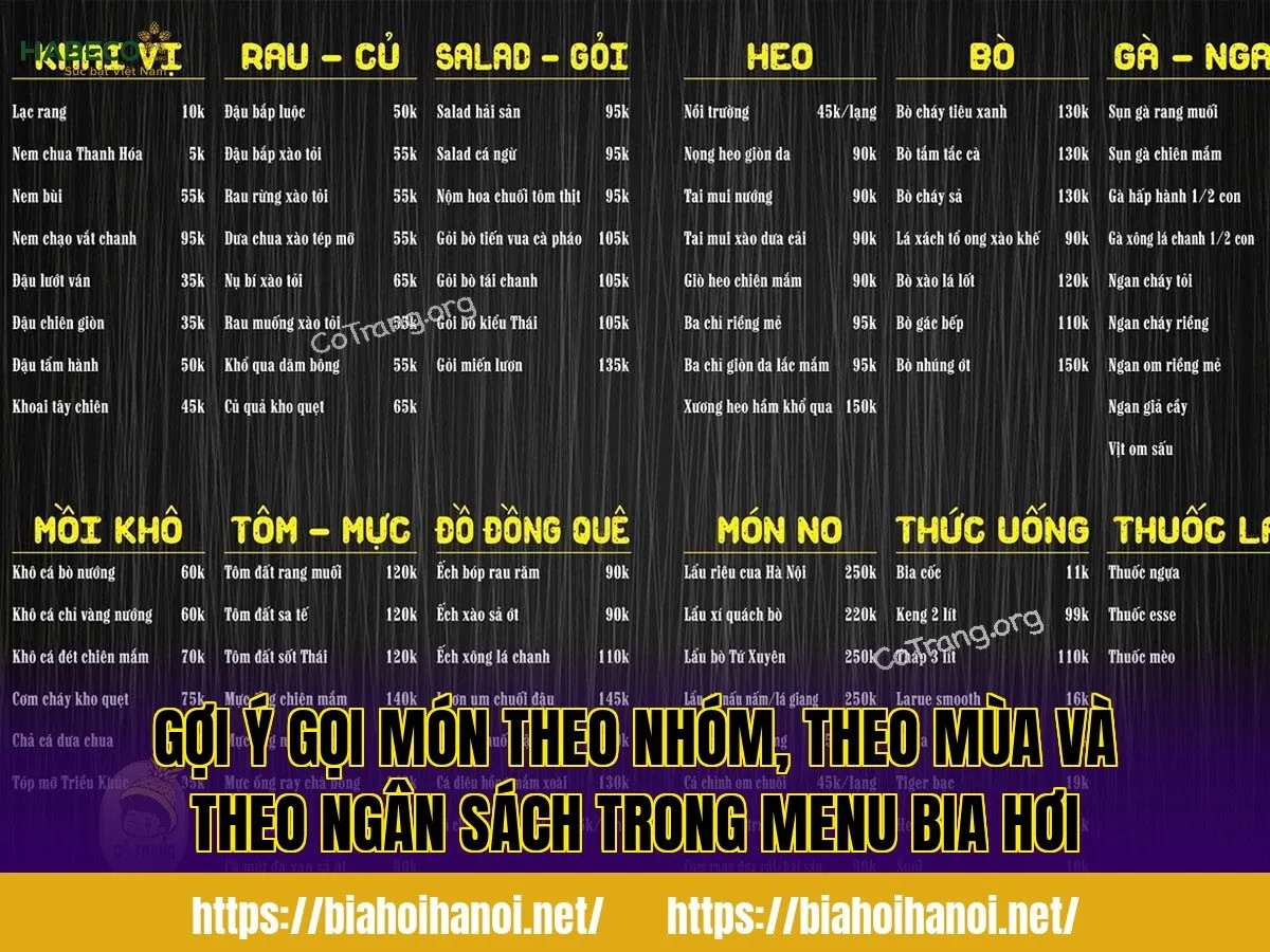 Gợi ý gọi món theo nhóm, theo mùa và theo ngân sách trong menu bia hơi